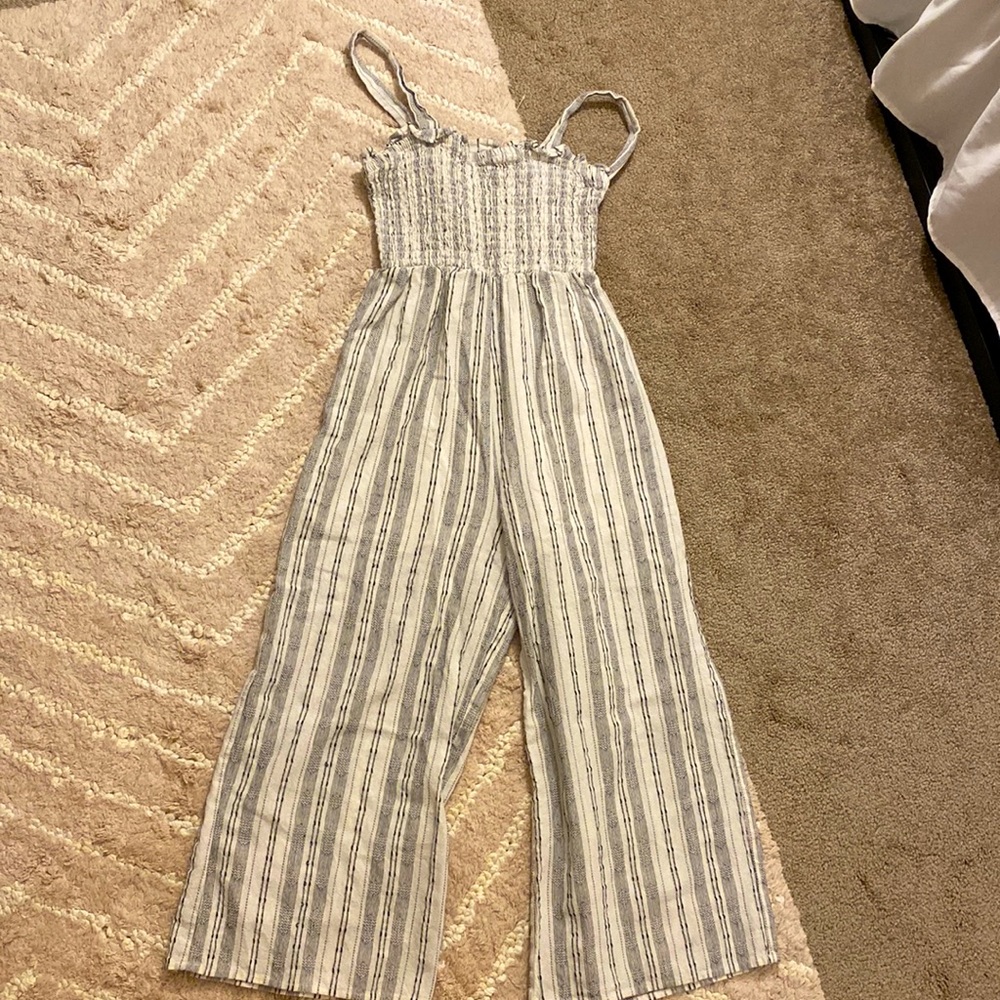 Sienna Sky Boutique Lined Striped Print Jumpsuit with Ruffle Accent
